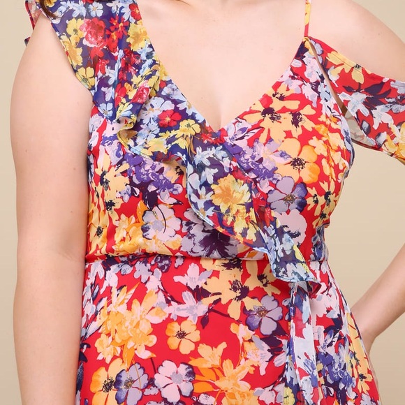 Radiant Ruby Red Floral Print Chiffon Maxi Dress - Picture 5 of 10